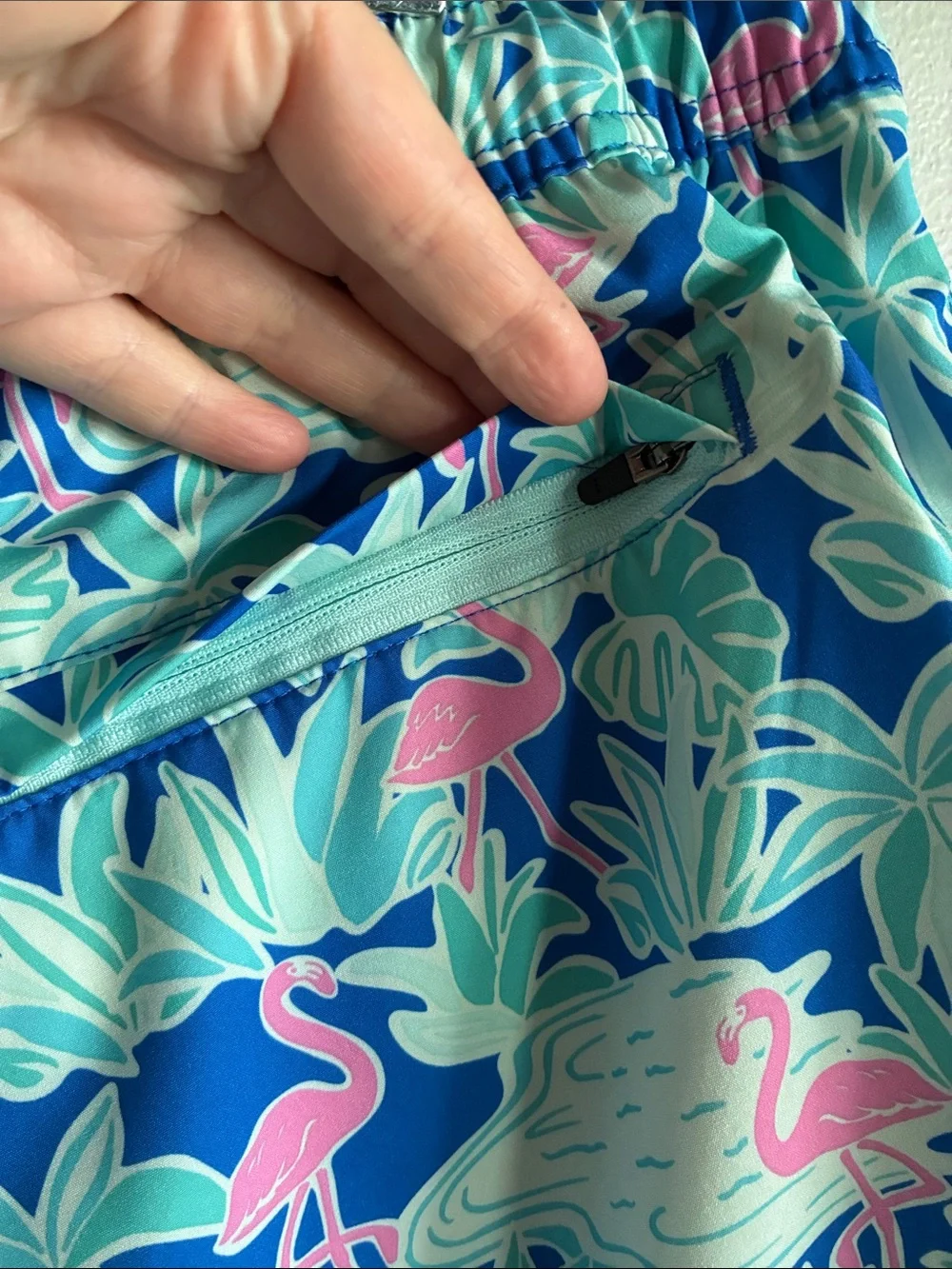 Flamingo Tropical Swim Trunks Men’s XL Blue Beach Resort Lined Zip Pocket